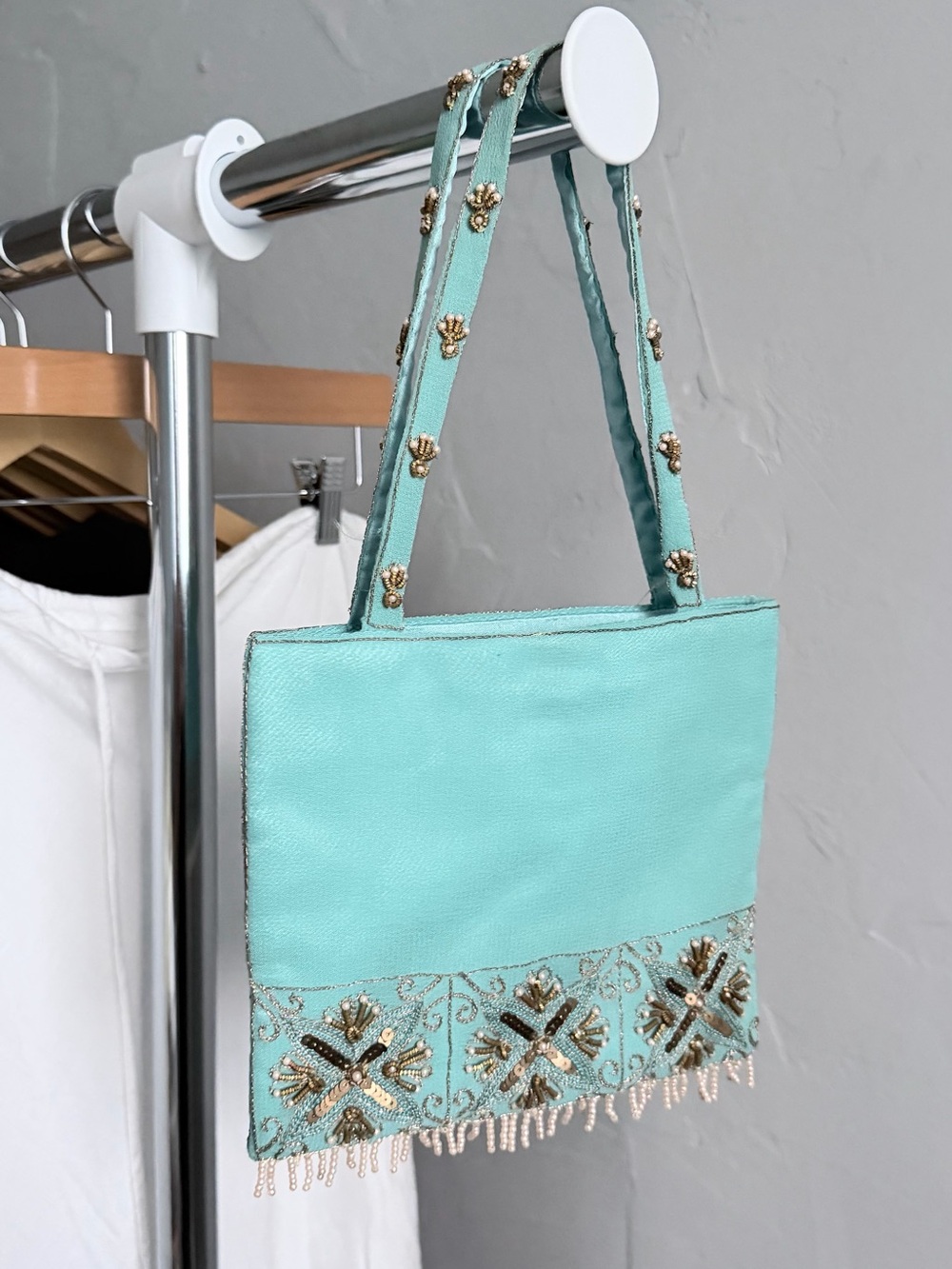 Bloomingdale's Vintage Turquoise Beaded Fringe Small Satin Indian Hindu Handbag